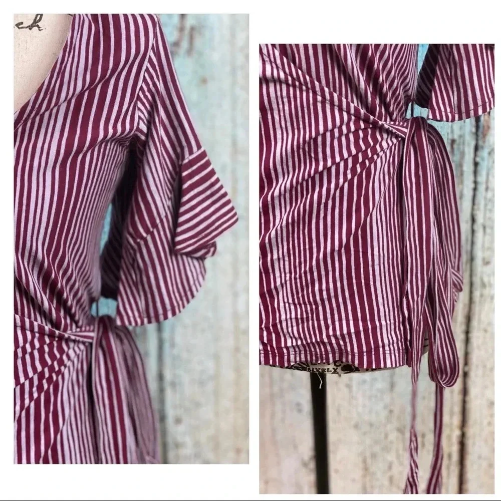 Free People NWT Wine Wrapped Around My Finger Cotton Striped Wrap Top - Picture 6 of 13